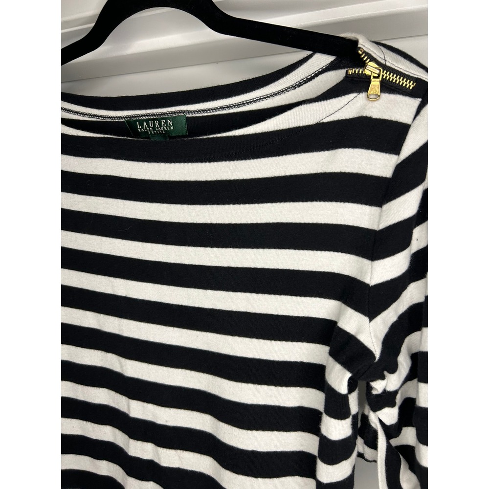 Lauren Ralph Lauren Petite Black White‎ Striped Boat Neck Zip Top PM Cotton - Picture 2 of 8